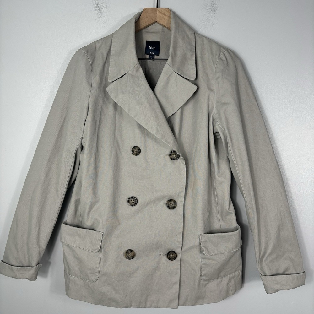 Gap Double Breasted Peacoat Medium Silver‎ Grey Lined  Jacket Cotton Classic